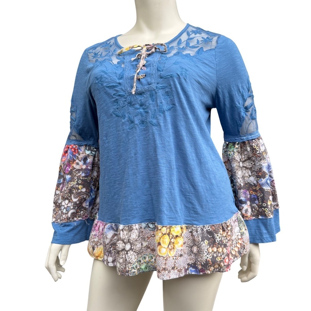 Style & Co Boho Peasant Top Blue Floral Lace Patchwork Bell Sleeve Tie Neck L
